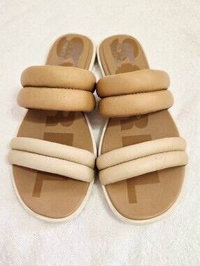 Sorel Ella II Puff Slide Sandals Women’s 8.5 Tan Cream Padded Strappy